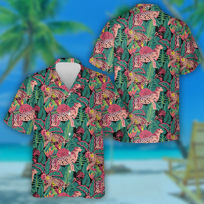 Modern Abstract Leopard With Tropical Leaves And Flowers Hawaiian Shirt, Hawaiian Shirt Gift, Christmas Gift