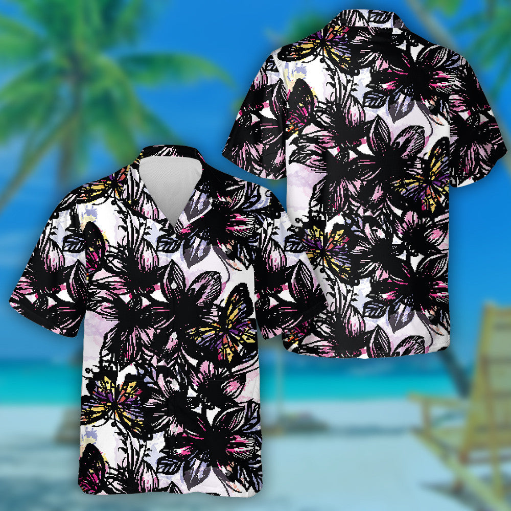 Theme Butterfly With Engraved Flowers And Watercolor Spots Hawaiian Shirt, Hawaiian Shirt Gift, Christmas Gift
