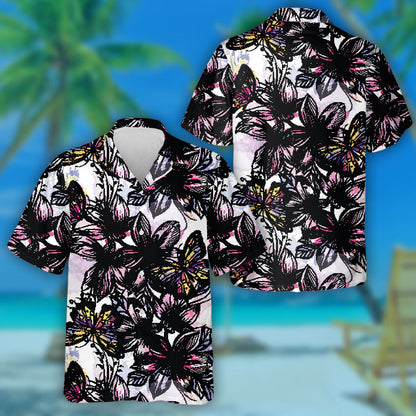 Theme Butterfly With Engraved Flowers And Watercolor Spots Hawaiian Shirt, Hawaiian Shirt Gift, Christmas Gift