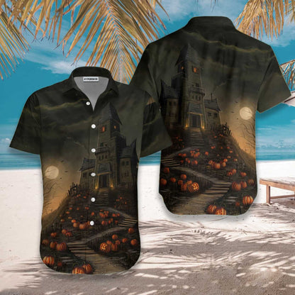 Halloween Haunted House On The Hill With Pumpkin Dramatic Hawaiian Shirt, Hawaiian Shirt Gift, Christmas Gift