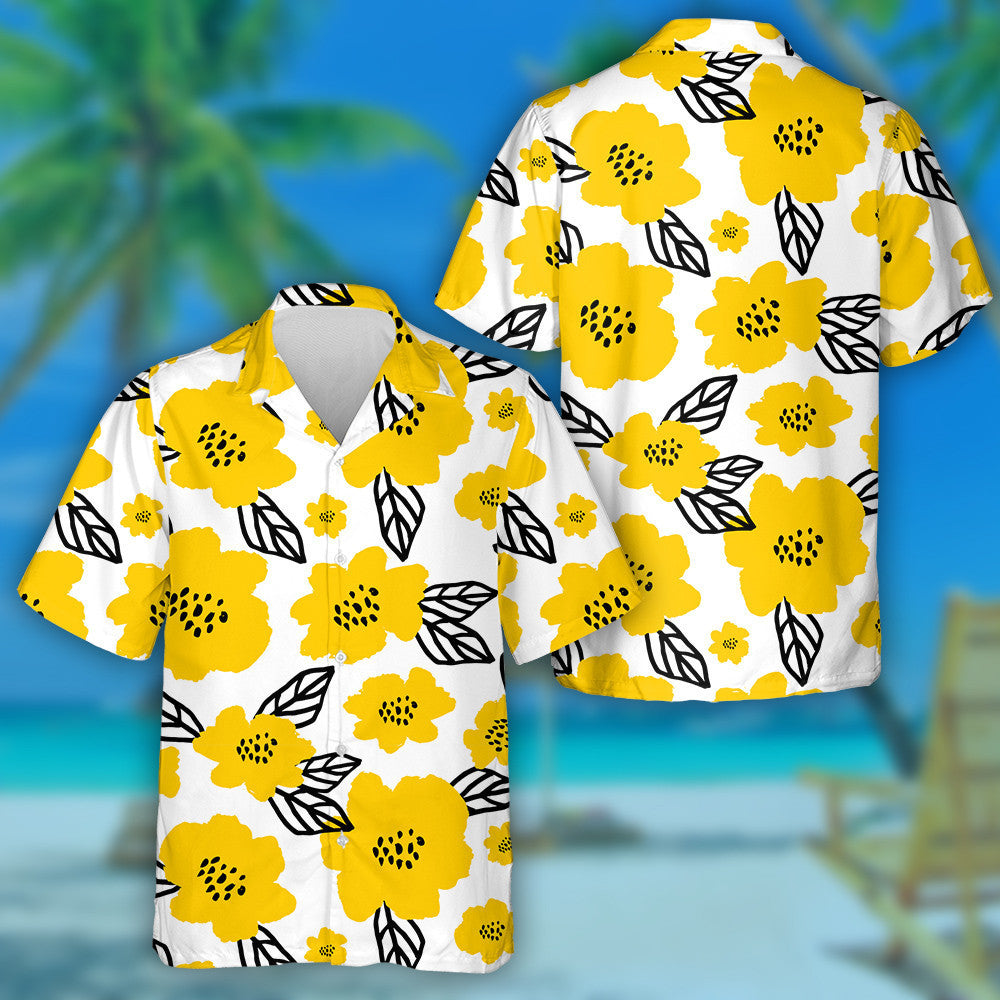 White Background With Doodle Yellow Floral And Leaves Pattern Hawaiian Shirt, Hawaiian Shirt Gift, Christmas Gift