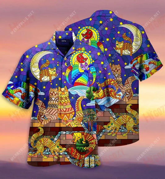 Cat Stained Glass On The Roof Unisex Short Hawaiian Shirt Ocean Hawaiian T Shirts Best Hawaiian Shirts Hawaiian Shirt Pattern, Hawaiian Shirt Gift, Christmas Gift