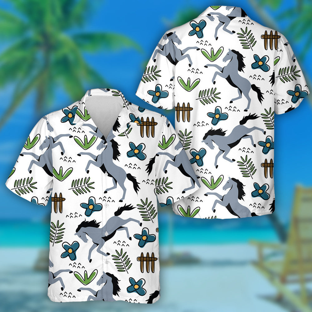 Horse Hand Drawn And Flora In Cartoon Style Hawaiian Shirt, Hawaiian Shirt Gift, Christmas Gift