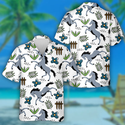 Horse Hand Drawn And Flora In Cartoon Style Hawaiian Shirt, Hawaiian Shirt Gift, Christmas Gift