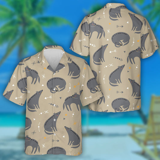 Cute Cartoon Wolf In Aztec Style Hawaiian Shirt,Hawaiian Shirt Gift, Christmas Gift