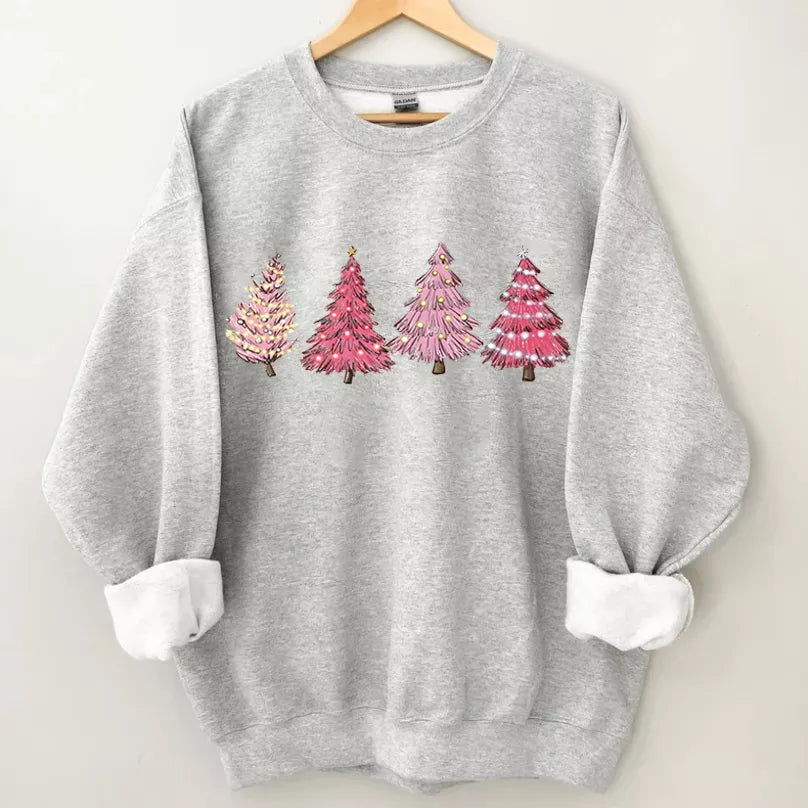 Pink Christmas Tree Sweatshirt, Christmas Sweatshirt Cute, Christmas Winter Sweatshirt