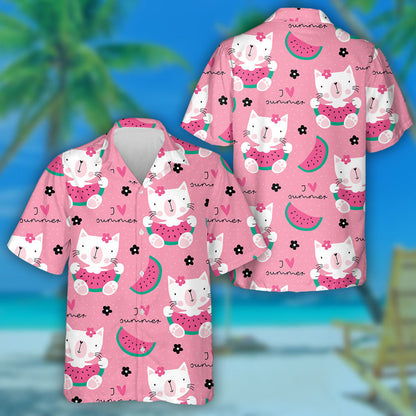 Cute Cat With Watermelon On Pink Hawaiian Shirt,Hawaiian Shirt Gift, Christmas Gift