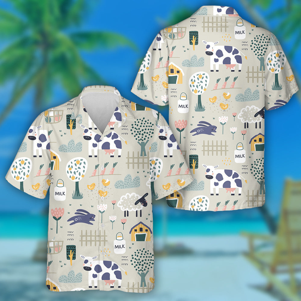 Cartoon Cow And Milk In The Farm Hawaiian Shirt, Hawaiian For Gift