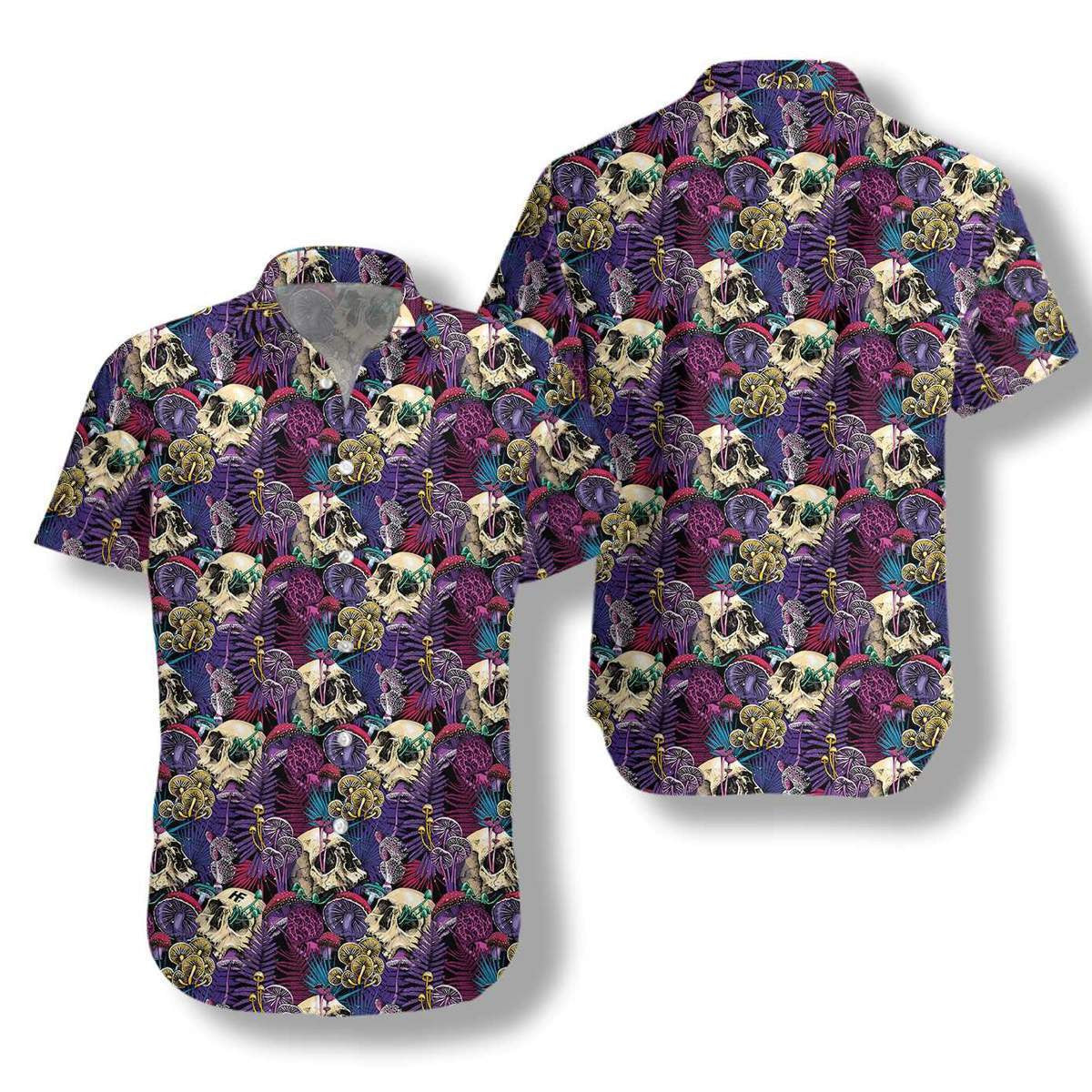 Bright Magic Psychedelic Mushrooms And Skulls Pattern Hawaiian Shirt, Hawaiian Shirt Gift, Christmas Gift