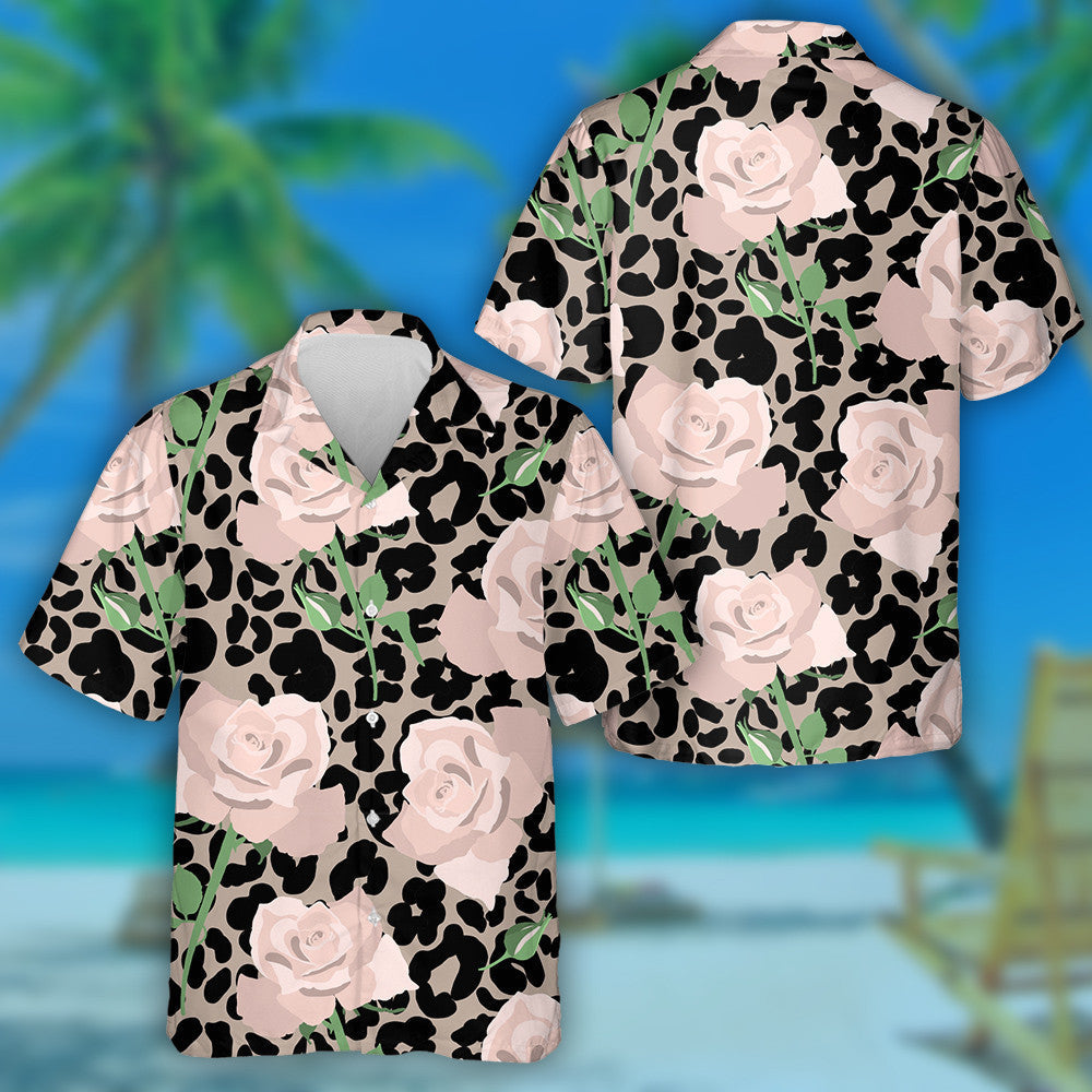 Hand Drawn Romantic Pastel Roses On The Leopard Hawaiian Shirt, Hawaiian Shirt Gift, Christmas Gift
