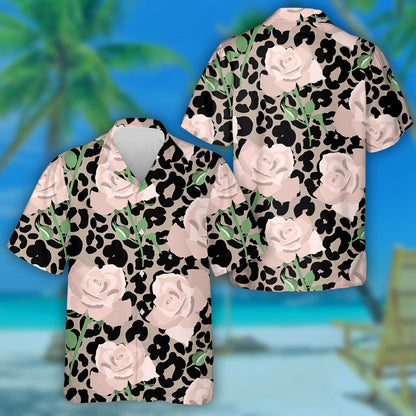 Hand Drawn Romantic Pastel Roses On The Leopard Hawaiian Shirt, Hawaiian Shirt Gift, Christmas Gift