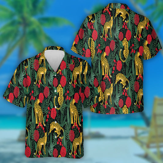Leopards With Tropical Leaves And Roses Hawaiian Shirt, Hawaiian For Gift