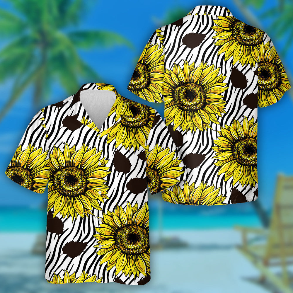 Large Sunflowers Art On Black Striped Zebra Lines Hawaiian Shirt , Hawaiian Shirt Gift, Christmas Gift