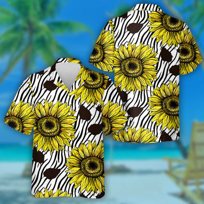 Large Sunflowers Art On Black Striped Zebra Lines Hawaiian Shirt , Hawaiian Shirt Gift, Christmas Gift