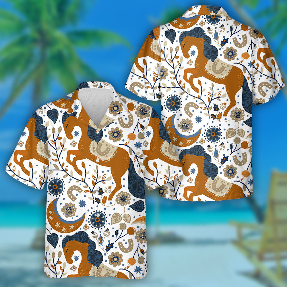 Nordic Scandinavian Horse Animal On A White Hawaiian Shirt, Hawaiian Shirt Gift, Christmas Gift