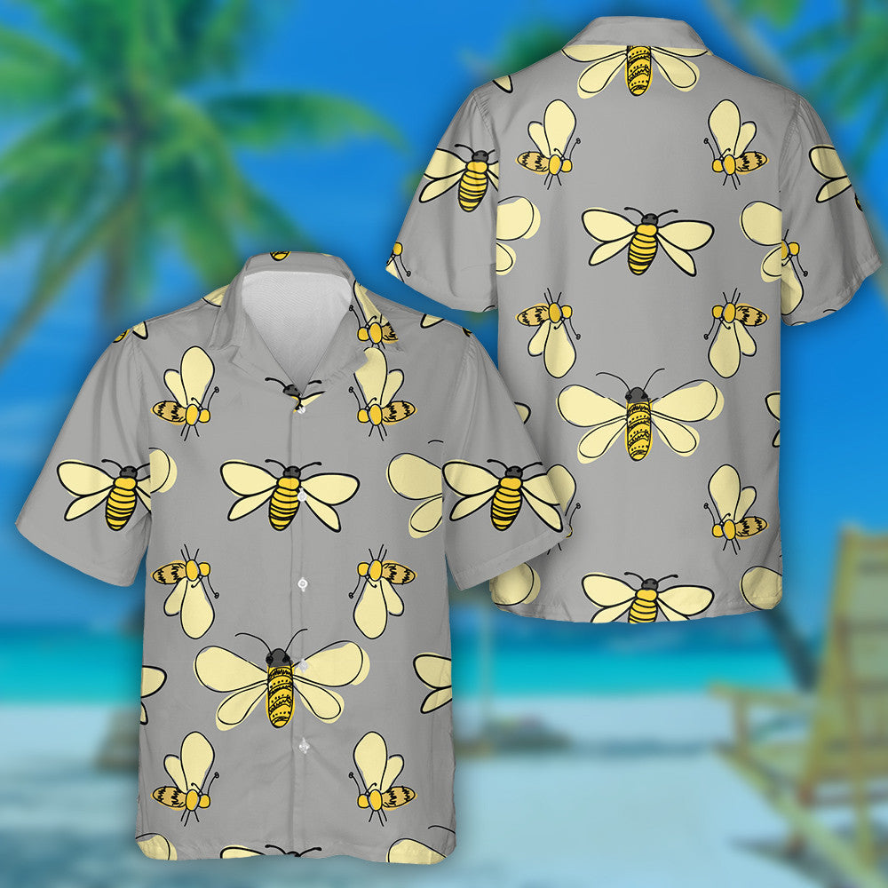 Natural Summer Bright Bees Flying Around On Gray Hawaiian Shirt, Hawaiian Shirt Gift, Christmas Gift
