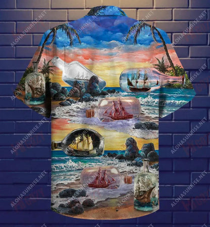 Happiness Is A Ship In A Bottle Short Hawaiian Shirt Vacation Aloha Shirt Hawaiian Crazy Shirts Funny Hawaiian Shirts, Hawaiian Shirt Gift, Christmas Gift