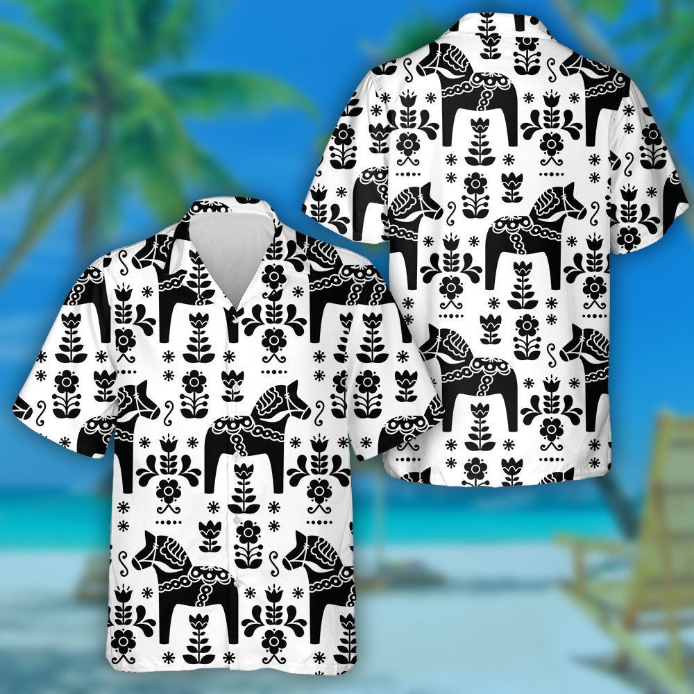 Swedish Folk Art Horse In Black Hawaiian Shirt,Hawaiian Shirt Gift, Christmas Gift