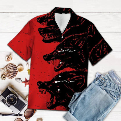 Hawaiian Shirt Scary Wolves Open Large Mouth Red Theme, Hawaiian Shirt Gift, Christmas Gift