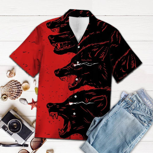 Hawaiian Shirt Scary Wolves Open Large Mouth Red Theme, Hawaiian Shirt Gift, Christmas Gift
