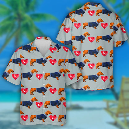 Polygonaler geometrischer Dackel in Kleidung und rotem Herz Hawaiihemd, Hawaiihemd Geschenk, Weihnachtsgeschenk