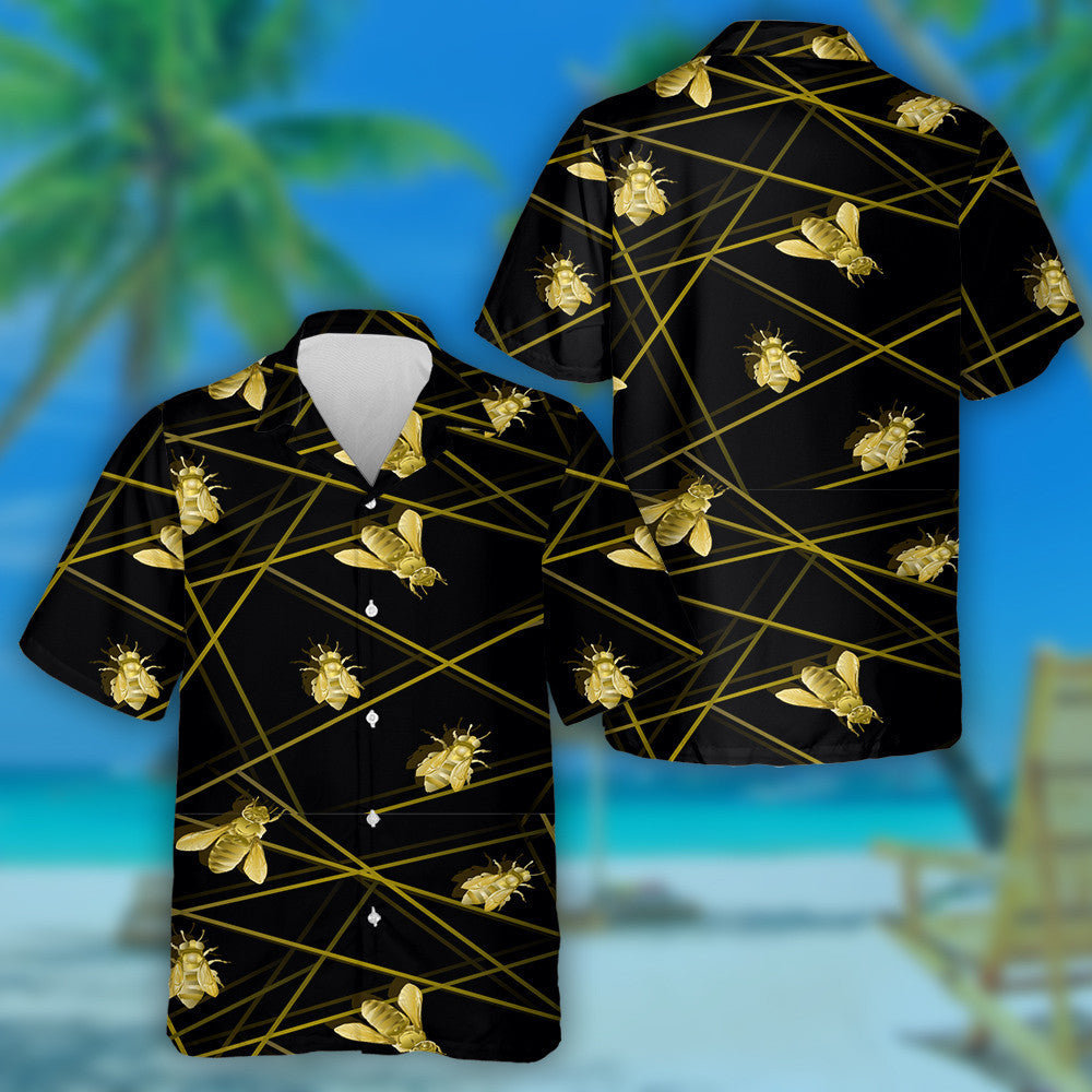 Natural Summer Flying Gold Bees With Geometric Lines Hawaiian Shirt, Hawaiian Shirt Gift, Christmas Gift
