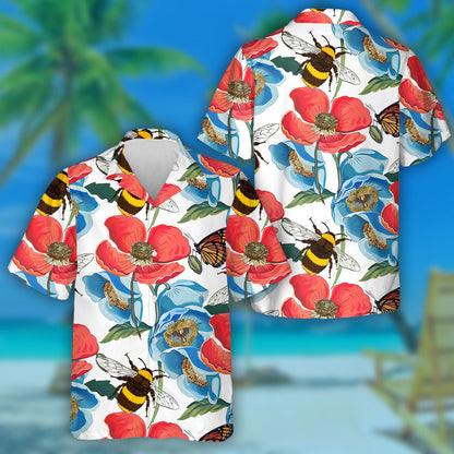 Theme Red Poppy Flowers With Bumblebee And Butterfly Hawaiian Shirt, Hawaiian Shirt Gift, Christmas Gift
