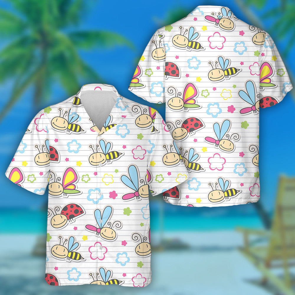 Hand Drawn Peony Cute Insects And Flowers Butterfly Hawaiian Shirt, Hawaiian Shirt Gift, Christmas Gift