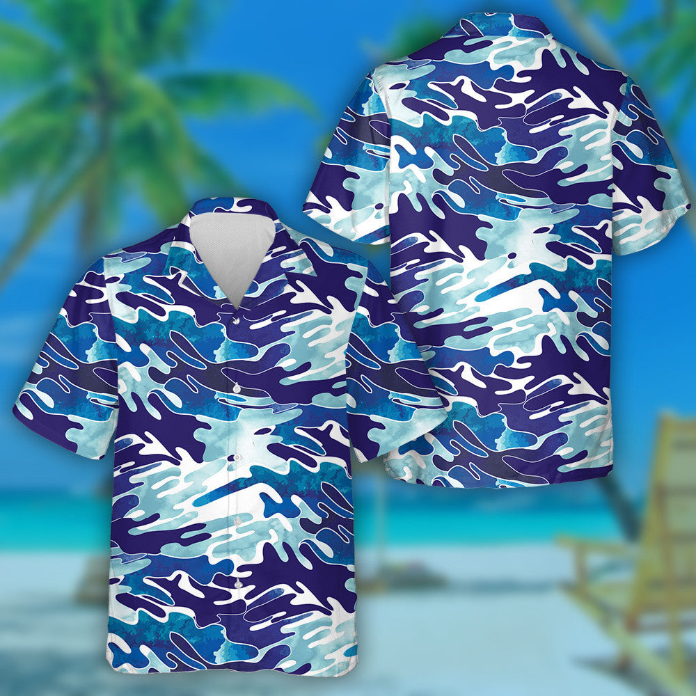 Modern Watercolor Aqua Blue Camo Monochrome Pattern Hawaiian Shirt, Hawaiian Shirt Gift, Christmas Gift