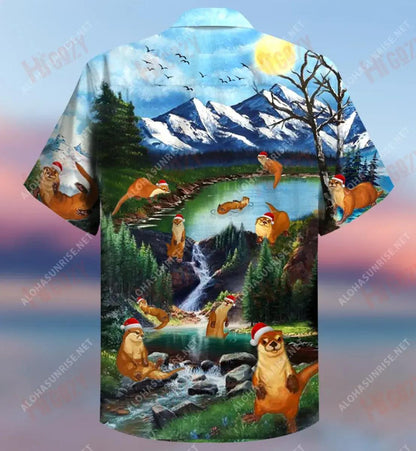 Merry Christmas From Otter Side Short Hawaiian Shirt Summer Hawaiian T Shirts Tactical Hawaiian Shirt Hawaiian Shirt Pattern, Hawaiian Shirt Gift, Christmas Gift