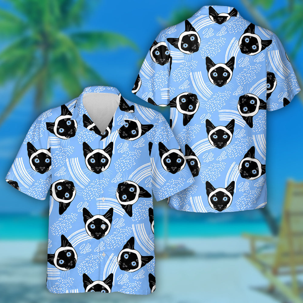Siamese Cat Face And Decorative Elements On White Hawaiian Shirt, Hawaiian Shirt Gift, Christmas Gift