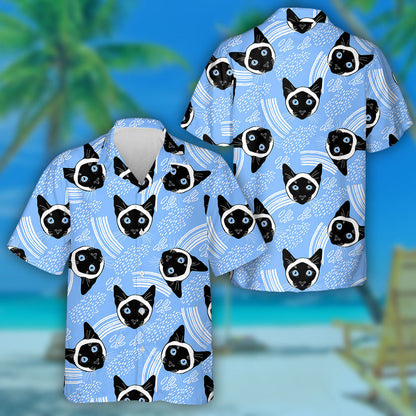Siamese Cat Face And Decorative Elements On White Hawaiian Shirt, Hawaiian Shirt Gift, Christmas Gift