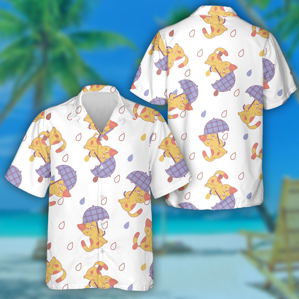 Cute Cats With Umbrella On White Hawaiian Shirt,Hawaiian Shirt Gift, Christmas Gift