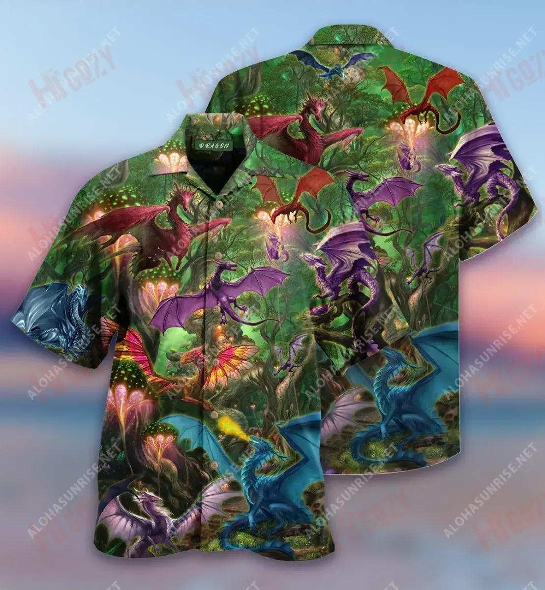 Deep Forest Dragon Unisex Short Hawaiian Shirt Summer Aloha Shirt Vintage Hawaiian Shirts Funny Hawaiian Shirts, Hawaiian Shirt Gift, Christmas Gift