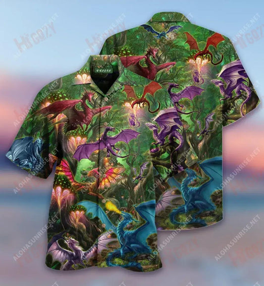 Deep Forest Dragon Unisex Short Hawaiian Shirt Summer Aloha Shirt Vintage Hawaiian Shirts Funny Hawaiian Shirts, Hawaiian Shirt Gift, Christmas Gift