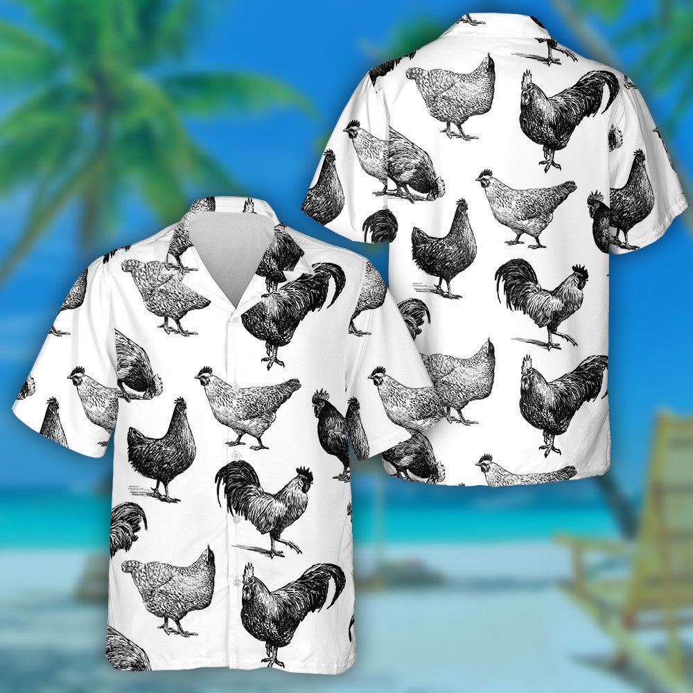 Chicken Rooster And Hen By Black And White Color Hawaiian Shirt, Hawaiian Shirt Gift, Christmas Gift