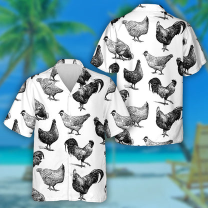 Chicken Rooster And Hen By Black And White Color Hawaiian Shirt, Hawaiian Shirt Gift, Christmas Gift