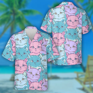 Cute Cat Sketch Blue And Pink Hawaiian Shirt,Hawaiian Shirt Gift, Christmas Gift