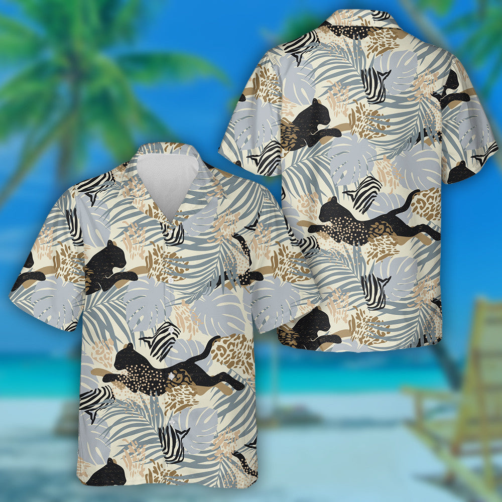 Wild Animals Leopard Black With Tropical Leaves Hawaiian Shirt, Hawaiian Shirt Gift, Christmas Gift