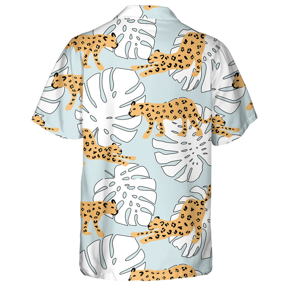 Wild Tropical Leopard Animal And Monstera Palm Leaves Hawaiian Shirt, Hawaiian Shirt Gift, Christmas Gift