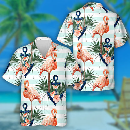 Beautiful Flamingo With Blue Anchor And Palm Leaves Hawaiian Shirt, Hawaiian Shirt Gift, Christmas Gift