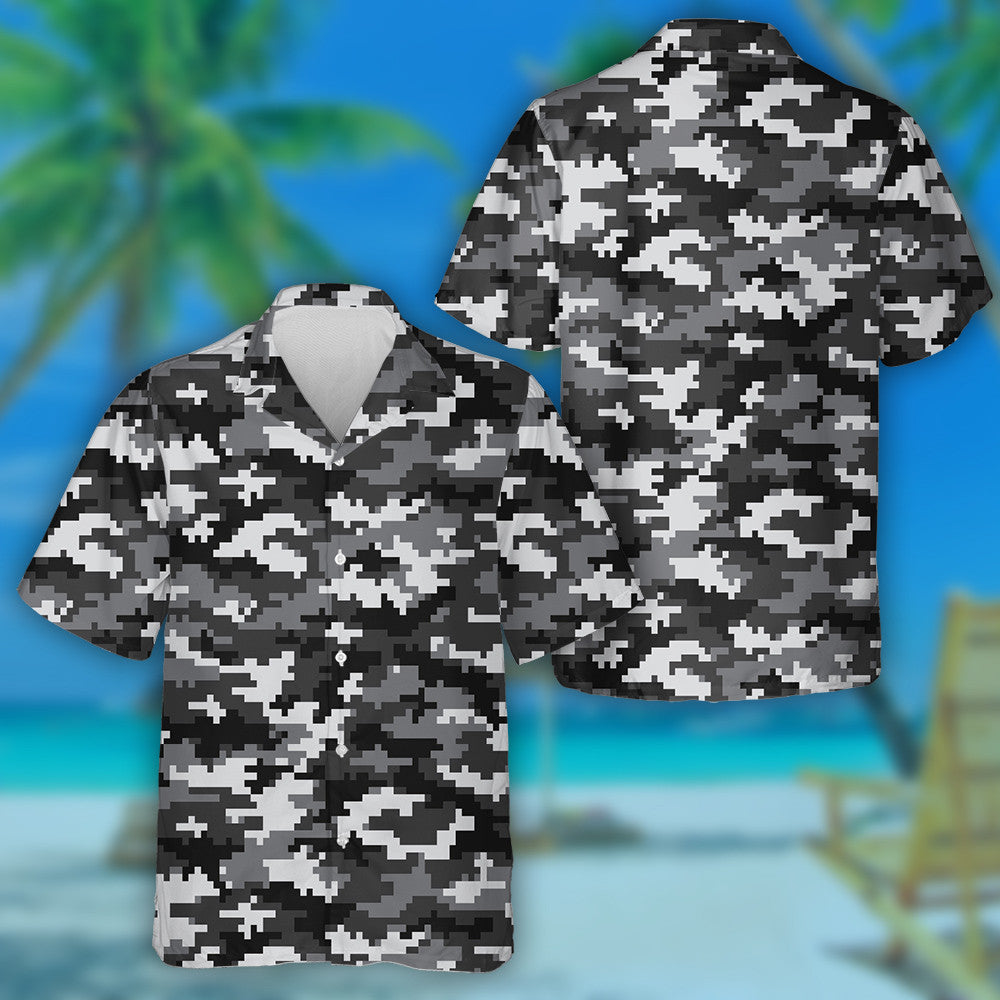 Gray And Black 8-Bit Pixel Camo Pattern Hawaiian Shirt, Hawaiian Shirt Gift, Christmas Gift