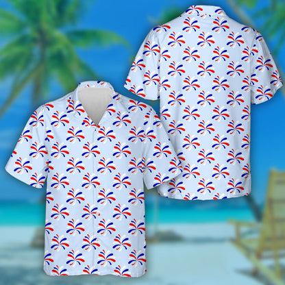 Red Blue White Fireworks Patriotic On White Backdrop Hawaiian Shirt, Hawaiian Shirt Gift, Christmas Gift
