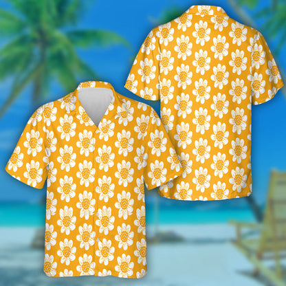 Ideal Hand Painted White Sunflowers On Orange Background Hawaiian Shirt, Hawaiian Shirt Gift, Christmas Gift