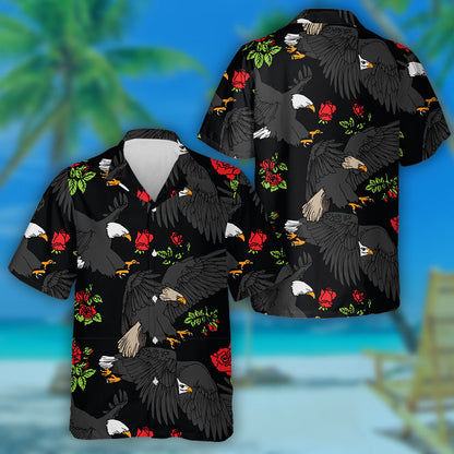 Flying Eagles With Beautiful Roses And leaves Hawaiian Shirt, Hawaiian Shirt Gift, Christmas Gift
