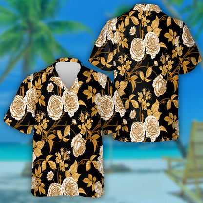 Gold Roses Flowers And Leaves Branches On Black Design Hawaiian Shirt, Hawaiian Shirt Gift, Christmas Gift
