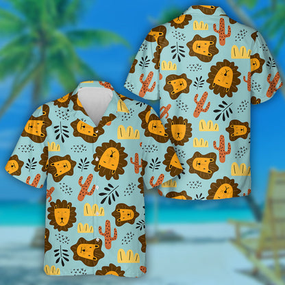 Funny Lion With Leaves And Cactus Hawaiian Shirt,Hawaiian Shirt Gift, Christmas Gift
