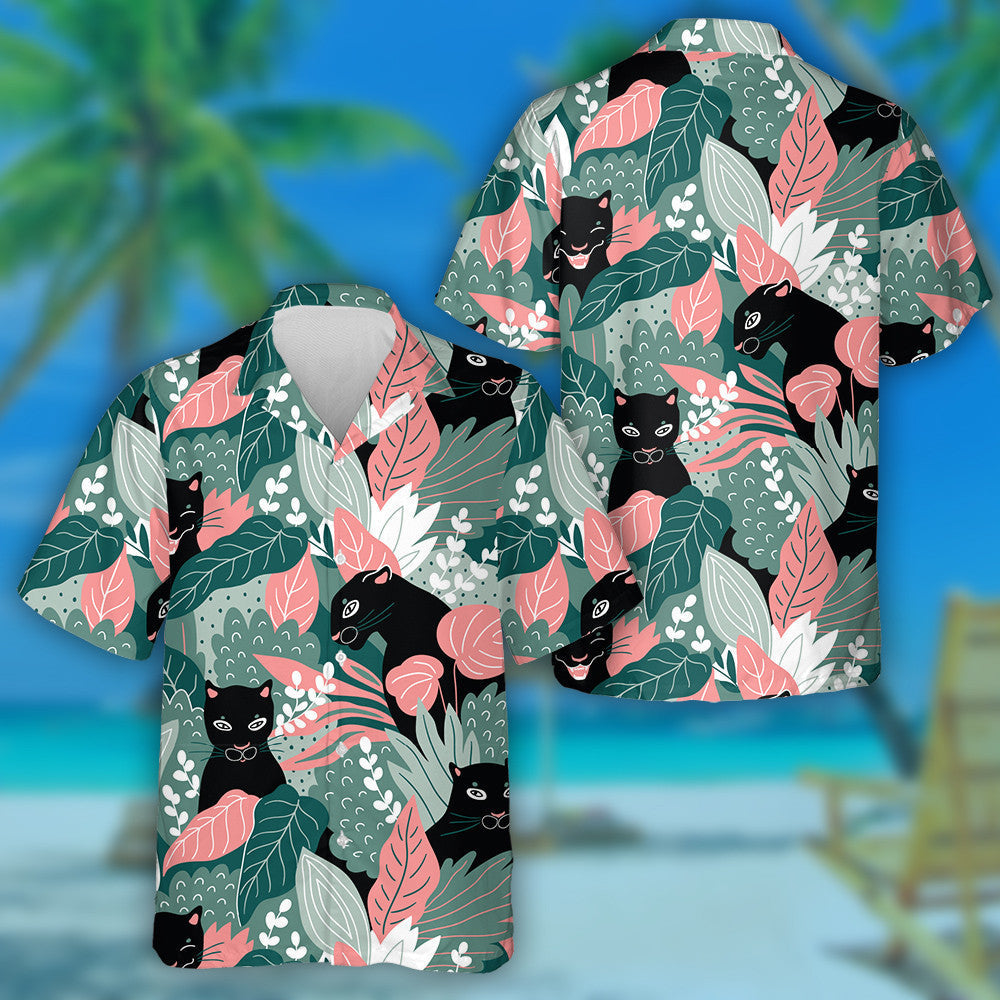 Wild African Leopard Black Panthers With Tropical Leaves Hawaiian Shirt, Hawaiian Shirt Gift, Christmas Gift