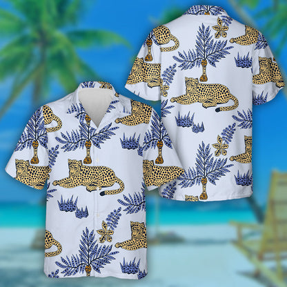 Hand Drawn Exotic Wild Leopards And Blue Leaf Hawaiian Shirt, Hawaiian Shirt Gift, Christmas Gift