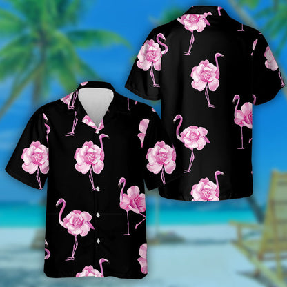 Beautiful Tropical Pink Flamingo And Rose Flowers Design Hawaiian Shirt, Hawaiian Shirt Gift, Christmas Gift